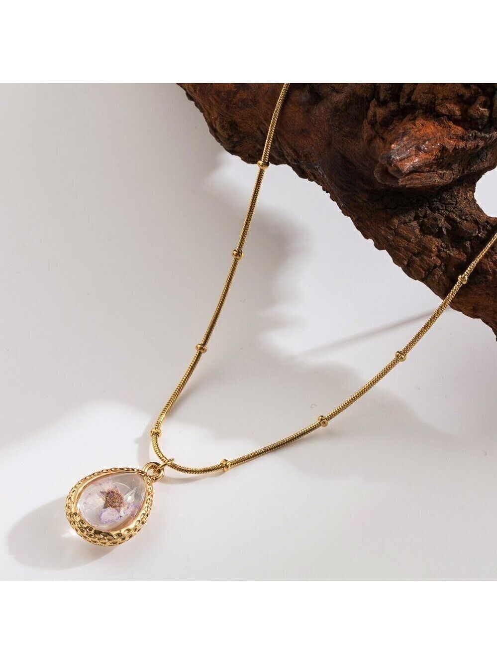 18K Gold Plated Stainless Steel Satellite Chain, Light Purple Pressed Flower